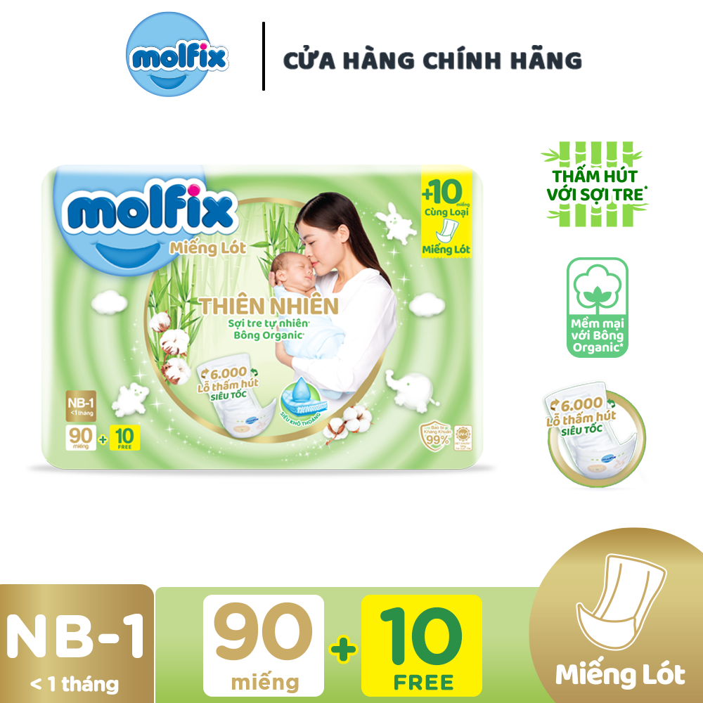 Miếng lót sơ sinh Molfix Thiên nhiên Super Jumbo Newborn 1 (dưới 1 tháng tuổi) - Gói 90+10 miếng