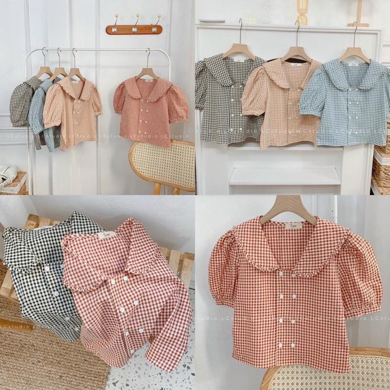 Áo kẻ cổ viền bèo