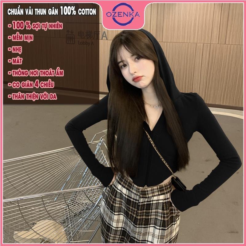 Áo cardigan croptop tay dài có mũ ôm nữ, áo khoác ngoài kéo khoá đen trắng thun gân cao cấp 100% cotton đẹp