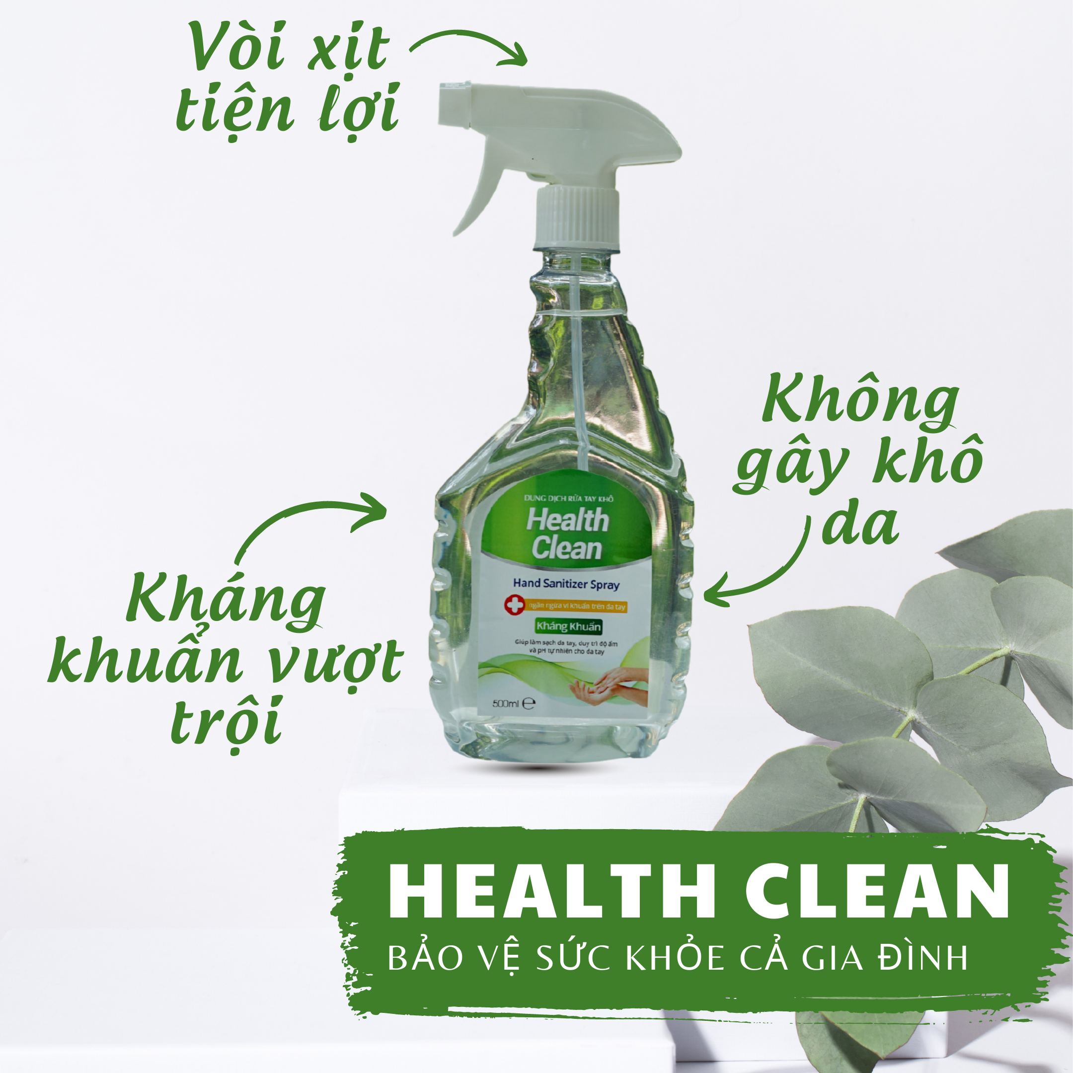 Nước rửa tay khô dạng xịt - Kháng Khuẩn &amp; An Toàn - Mềm Mịn &amp; Cân Bằng Độ Ẩm Cho Da Health Clean 500ml - Kết hợp rửa vật dụng trong nhà