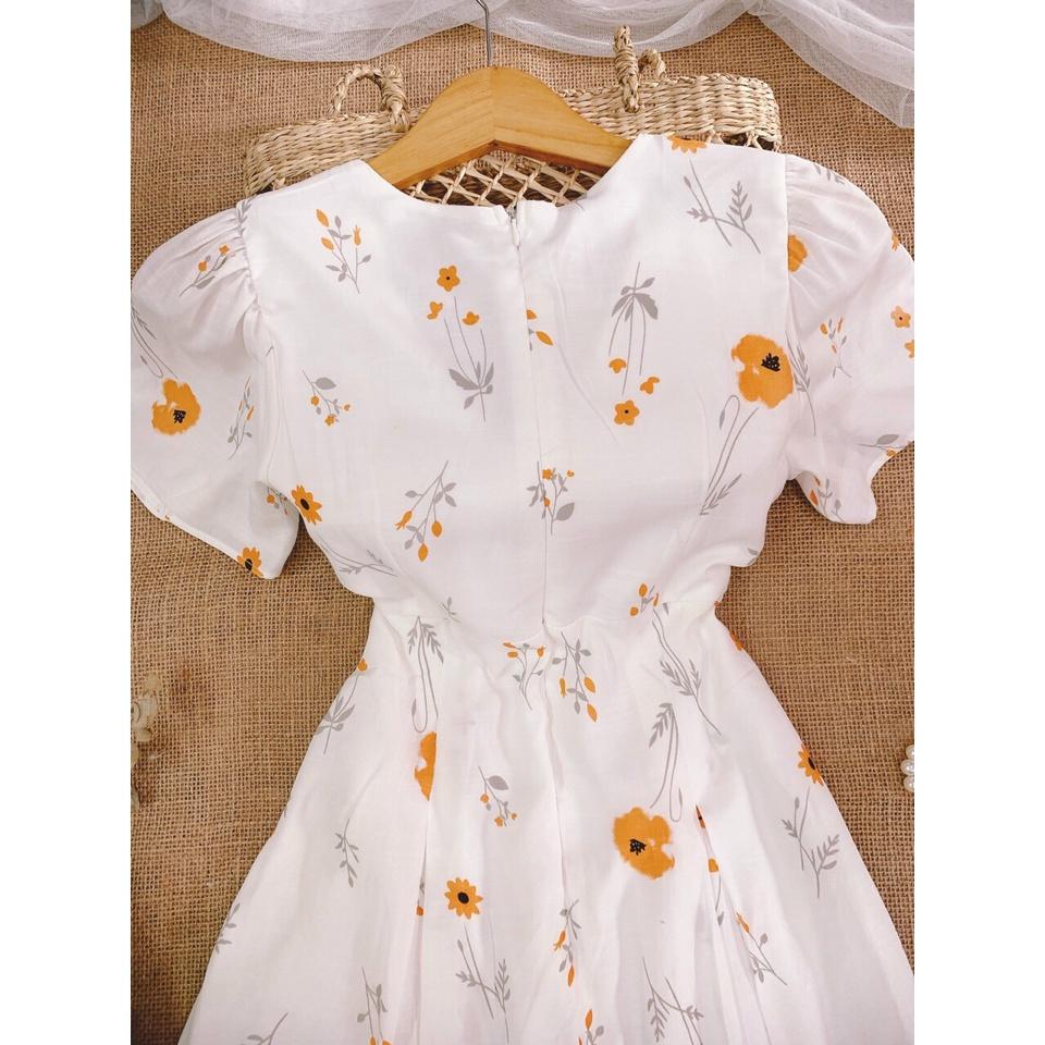 Váy hoa cổ V, Đầm trắng cổ tim Cao Cấp dáng xòe dài, phong cách Vintage hoa đỏ tay ngắn, mặc dự tiêc công sở - MiNhi