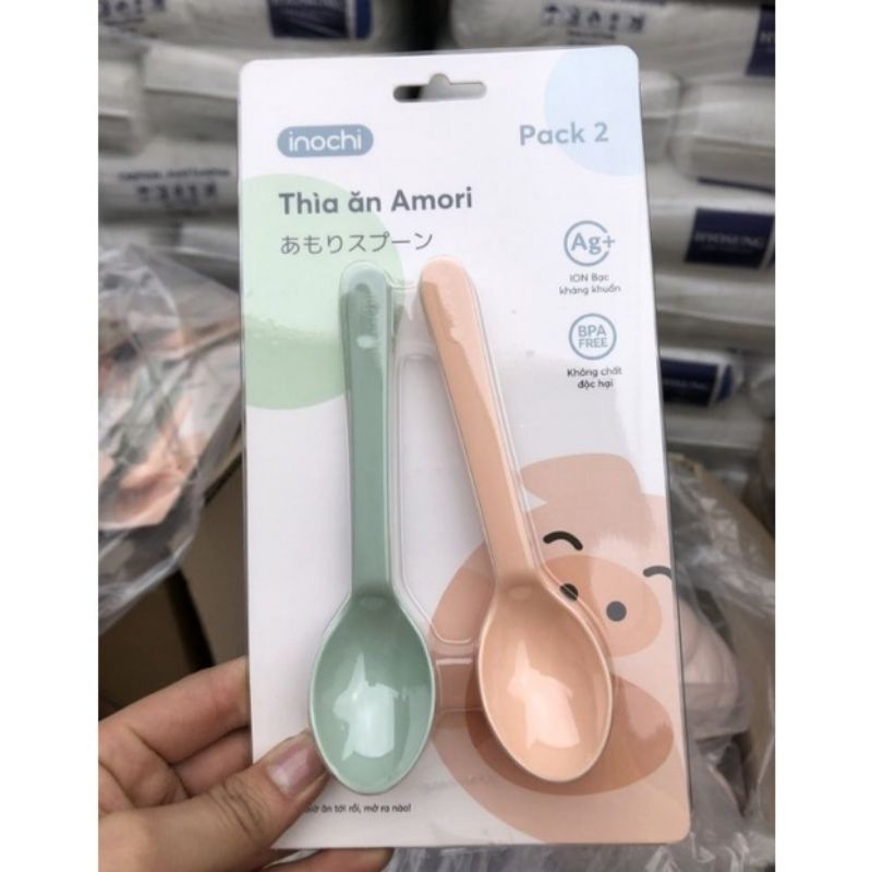 Set 02 thìa ăn cho bé Amori Inochi muỗng ăn dặm nhựa cao cấp thìa tập ăn trẻ em kháng khuẩn Ag+