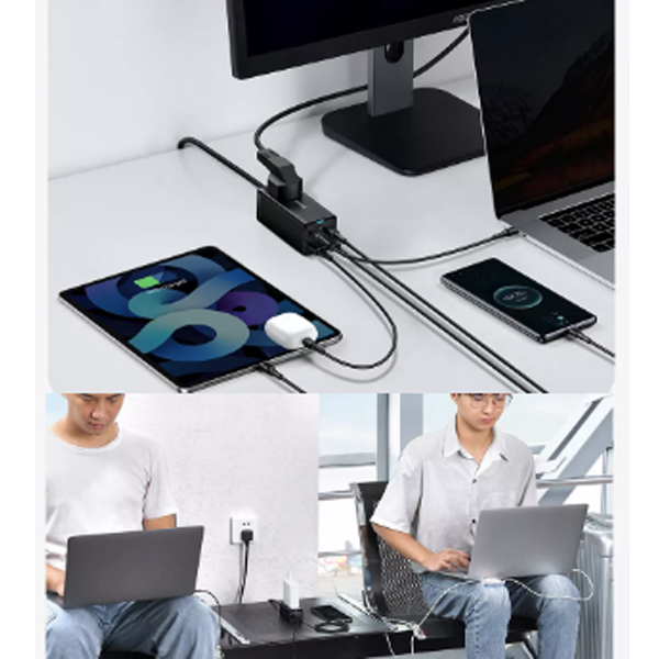 Bộ sạc nhanh Baseus 65W Gan3 Pro Desktop Powerstrip (2 USB, 2 Type-C, AC) cho iPhone 13 12 Pro Max, Desktop, Laptop - Hàng chính hãng