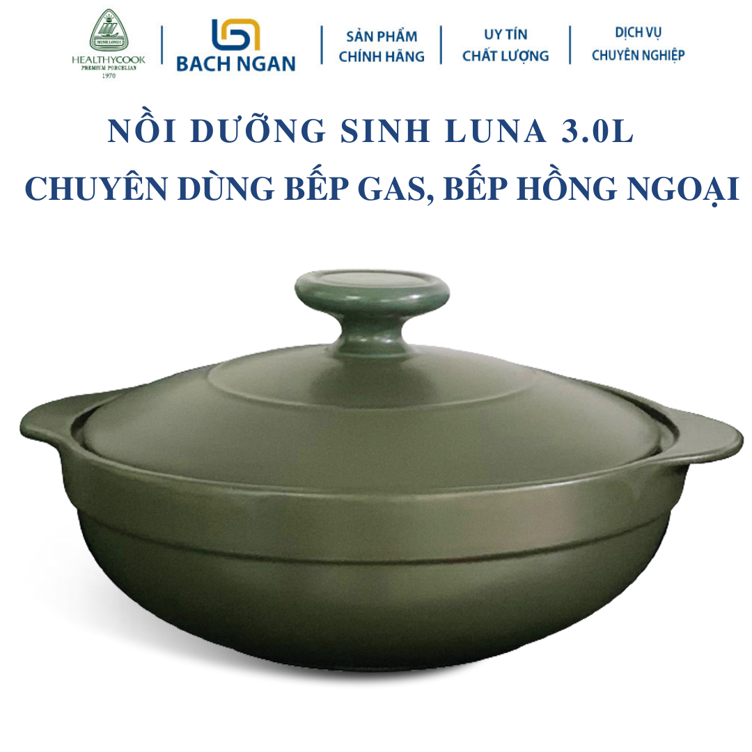 Nồi Sứ Dưỡng Sinh Minh Long Luna cao cấp 3.0 L dùng cho Bếp Ga, Hồng Ngoại, có nắp đậy, tráng men màu sứ xanh rêu, có thể kho cá, hầm cháo - nồi đất