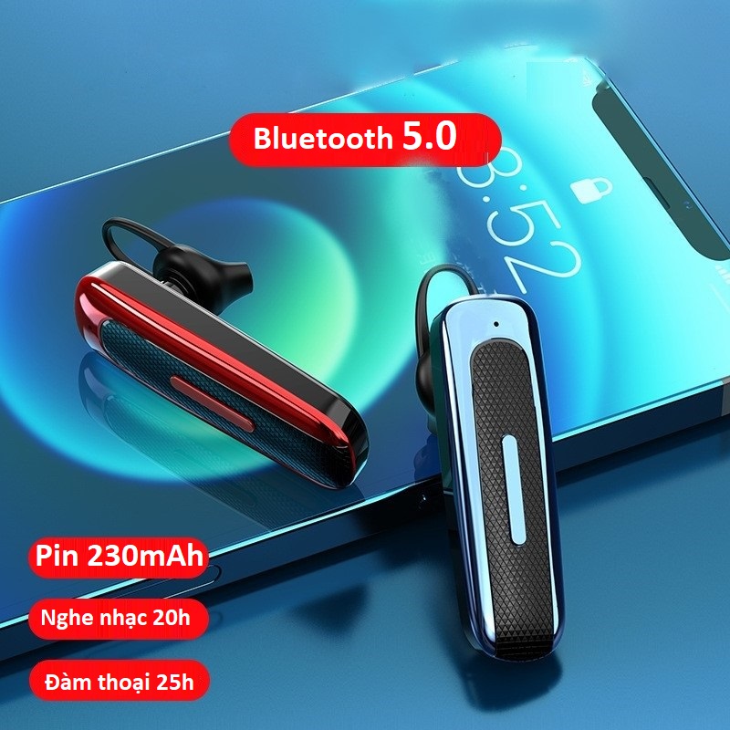 Tai nghe Bluetooth 5.0 , Pin 230 mAh, chống nước IPX5, nghe nhạc và đàm thoại liên tục từ 15 giờ đến 25 giờ tùy theo mức âm lượng.