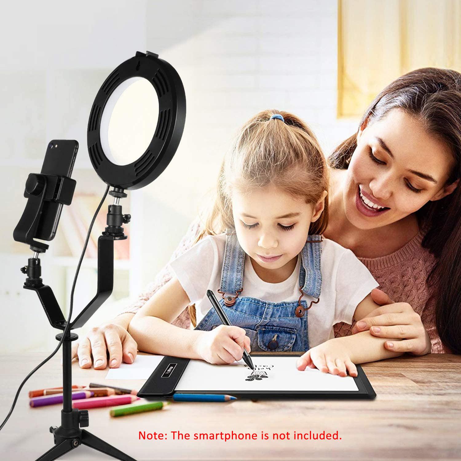6 Inch/16cm Photography Ring Video Light Dimmable LED Fill Light Selfie Ring Light with Tripod V-shaped Bracket Phone