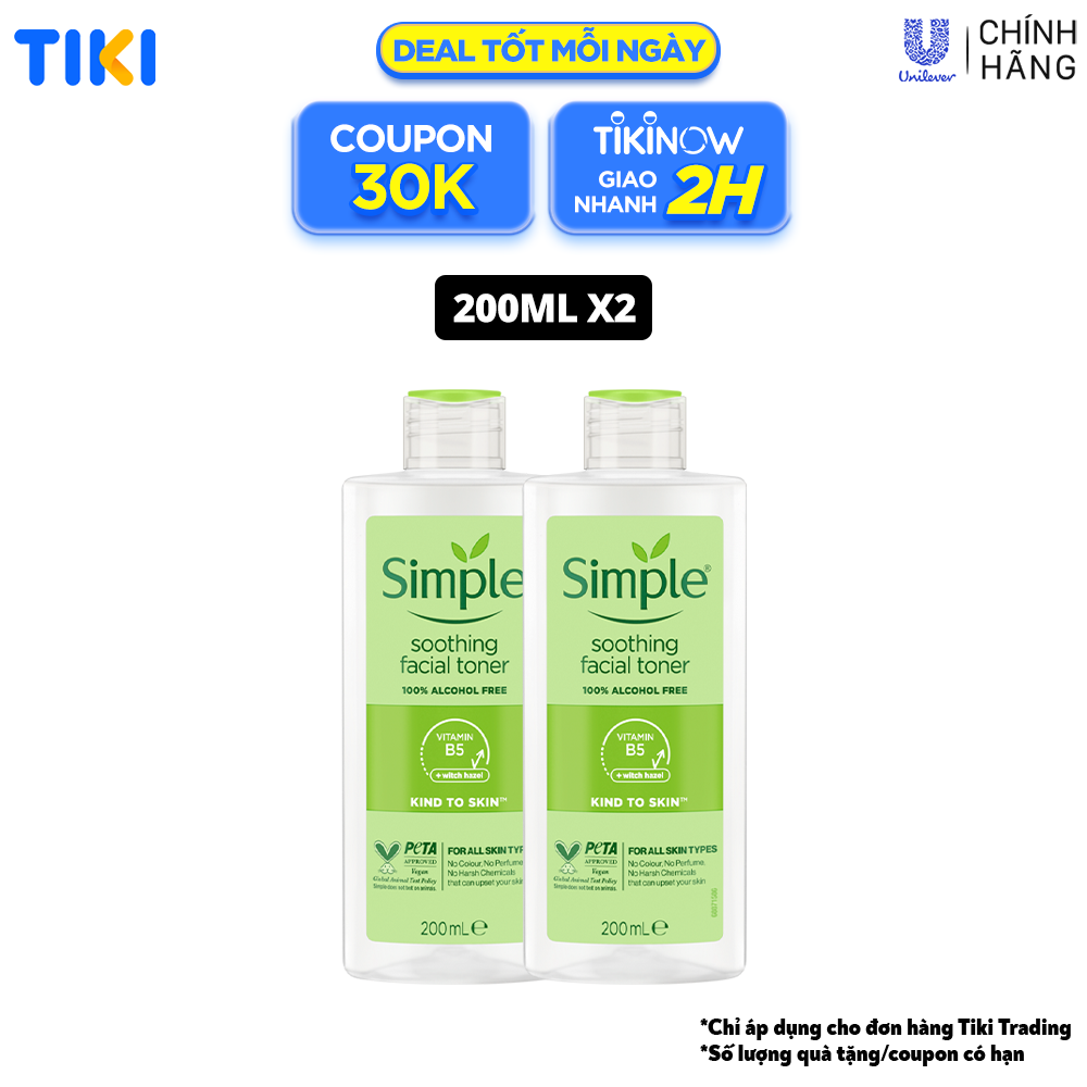 Combo 2 Nước hoa hồng Simple Toner làm dịu và cân bằng độ ẩm cho da - lành tính không chứa cồn 200ml