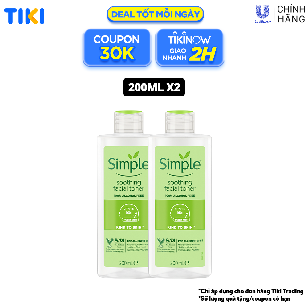 Combo 2 Nước hoa hồng Simple Toner làm dịu và cân bằng độ ẩm cho da - lành tính không chứa cồn 200ml [Chính hãng độc quyền]