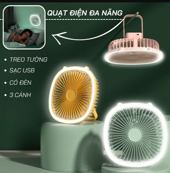 Quạt Tích Điện Treo Tường Mini Cầm Tay 3 Chế Độ Gió , Quạt Để Bàn Tích Hợp Đèn Led, Kiêm Đèn Ngủ, Pin Trâu