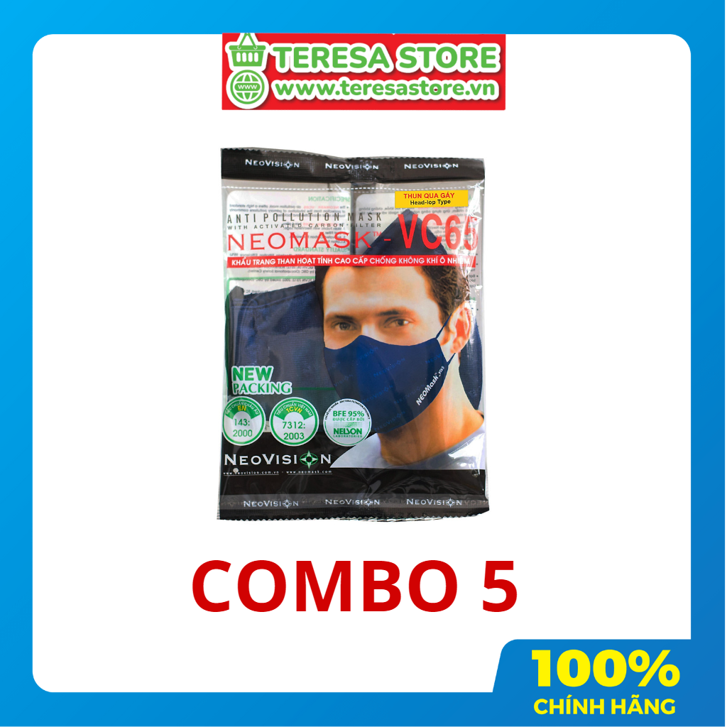 Khẩu trang (Combo 05) - Khẩu trang than hoạt tính NeoMask Neovision VC65 đạt chuẩn N95(Thun Qua Gáy)- Chống bụi siêu mịn PM2.5, lọc khuẩn BFE 95% (Được cấp bởi Nelson Lab), kháng khuẩn, chống giọt bắn, có thể giặt tái sử dụng nhiều lần- Xanh đậm