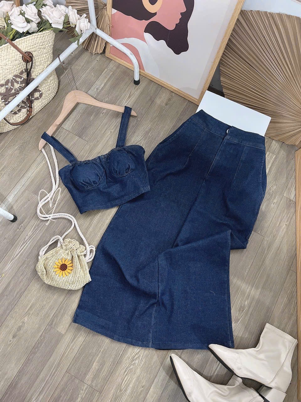 Set áo jean 2 dây croptop kèm cv dài ulzzang