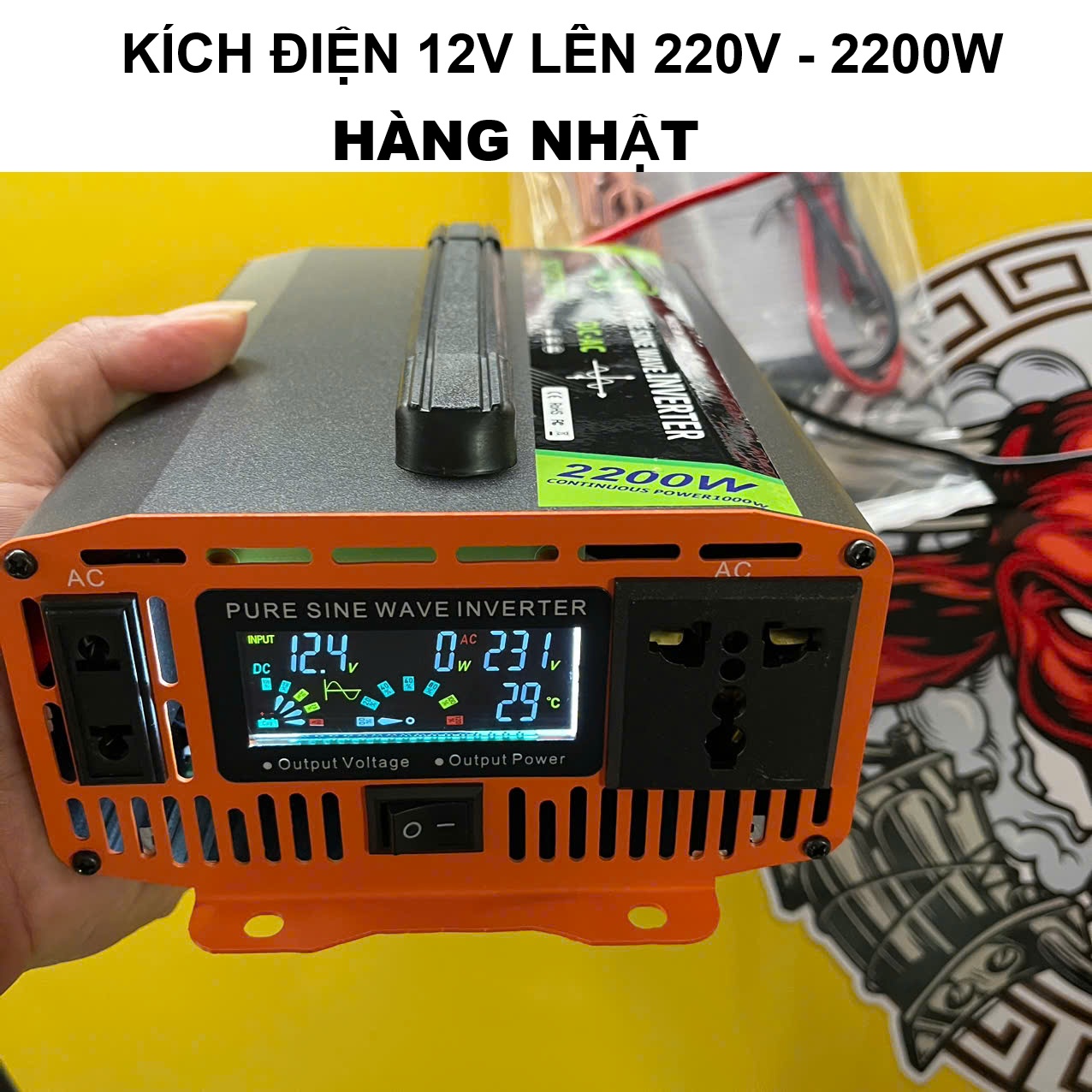 Hàng Nhật - Bộ Kích Điện 12V Lên 220V 2200W Sóng Sin Chuẩn, Màn Hình LED Hiển Thị Vôn, Dòng Tải, Nhiệt Độ | Loại Cao Cấp Bền Bỉ