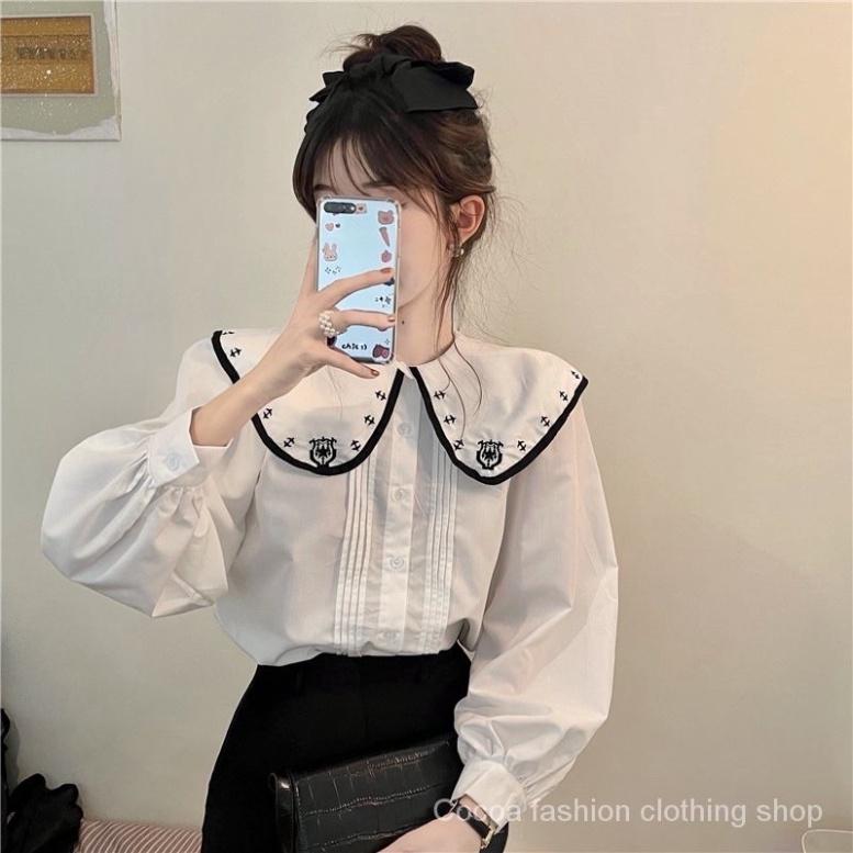 Áo sơ mi tiểu thư chất thô mịn mát- Áo dài tay cổ cách điệu siêu xinh_313 ulzzang nữ tính, mầu đen, trắng, be, nâu tây,