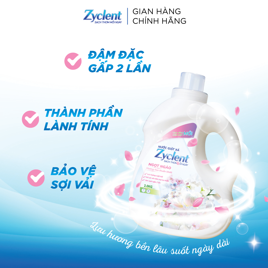 Thùng Nước Giặt Xả Zyclent Ngọt Ngào - Hương hoa thuần khiết (2kg x 8 can)