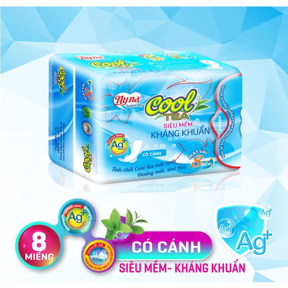 Băng Vệ Sinh Nyna Cooltea có cánh Siêu mềm mẫu xanh {1 lốc 6 gói, gói 8 miếng}. Băng Vệ Sinh ban ngày hương Bạc Hà Trà Xanh Mát mát lạnh. Băng vệ sinh kháng khuẩn, BVS vải lụa mềm mại khô thoáng. Băng vệ sinh có cánh Nyna chính hãng