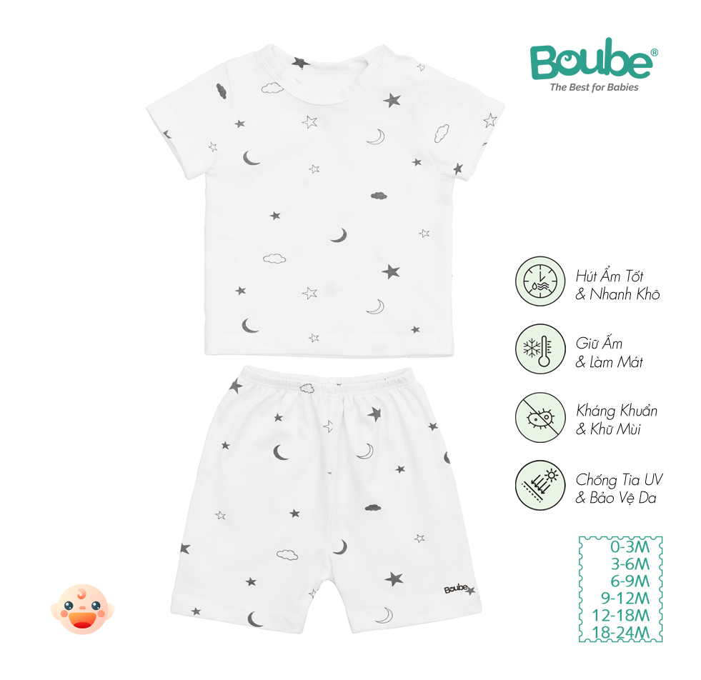 Bộ cộc tay cúc bấm vai cho bé sơ sinh và trẻ nhỏ họa tiết xinh xắn Boube, vải Cotton organic thoáng mát - Size 0-24M