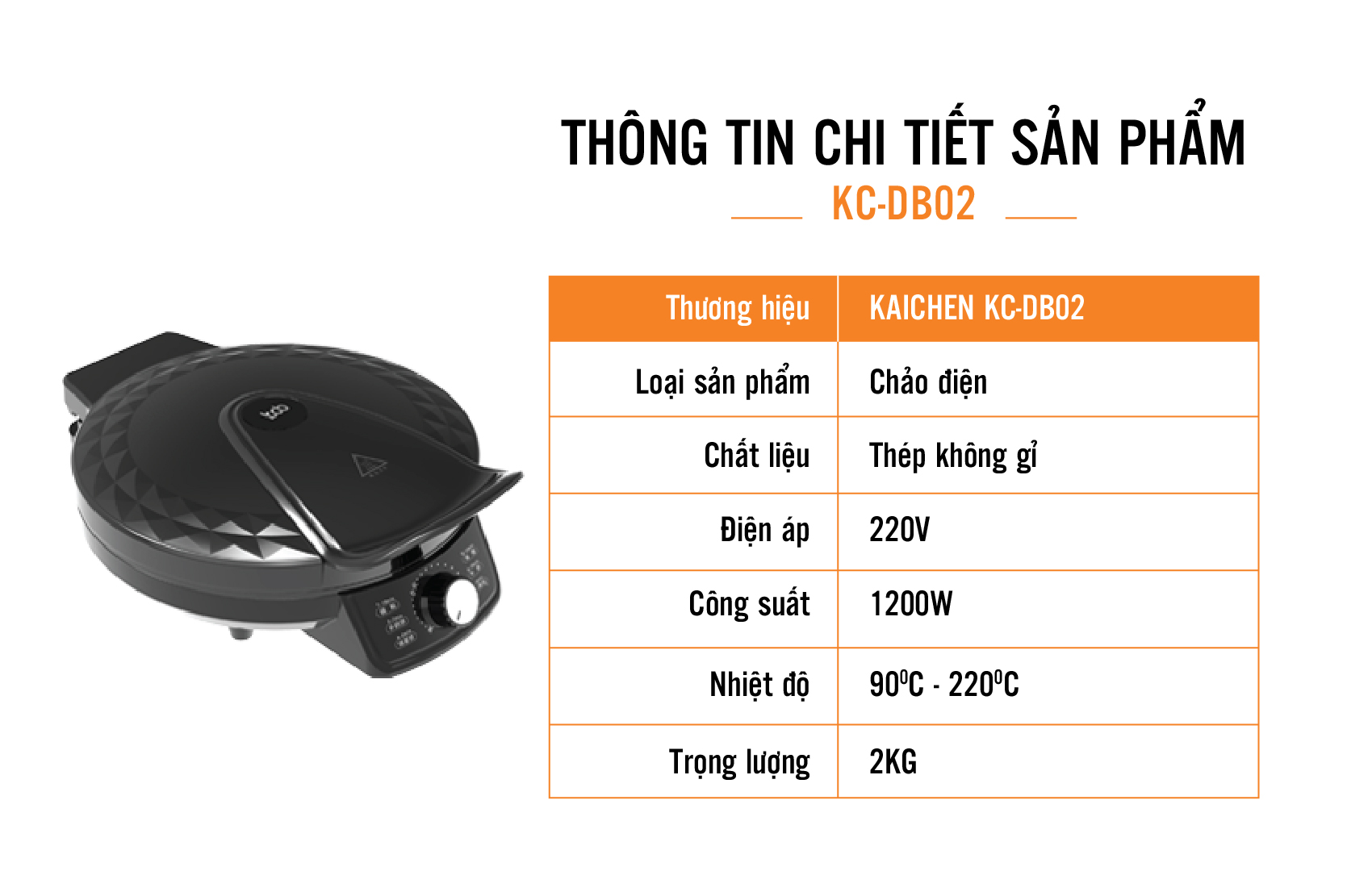 Chảo Điện Đa Năng Bắng Thép Không Gỉ KC-BD02, Công Suất 1200W