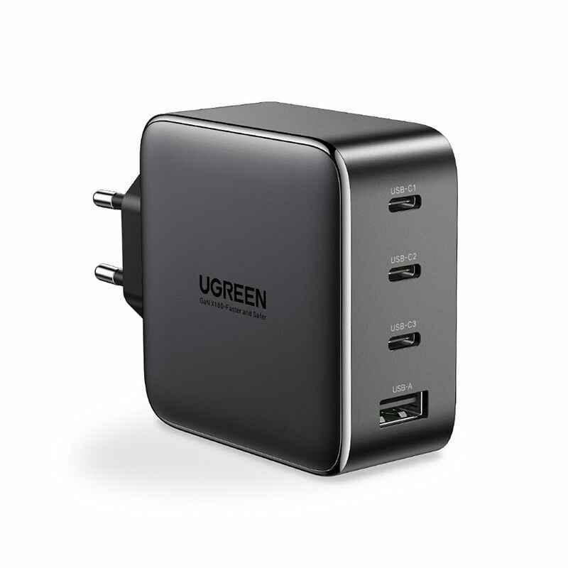 Ugreen UG90575CD226TK 100W Màu Đen Bộ sạc nhanh Nexode chip GaN gồm 3 cổng USB-C + USB-A kèm dây cáp USB-C dài 1.5M chuẩn cắm EU - HÀNG CHÍNH HÃNG