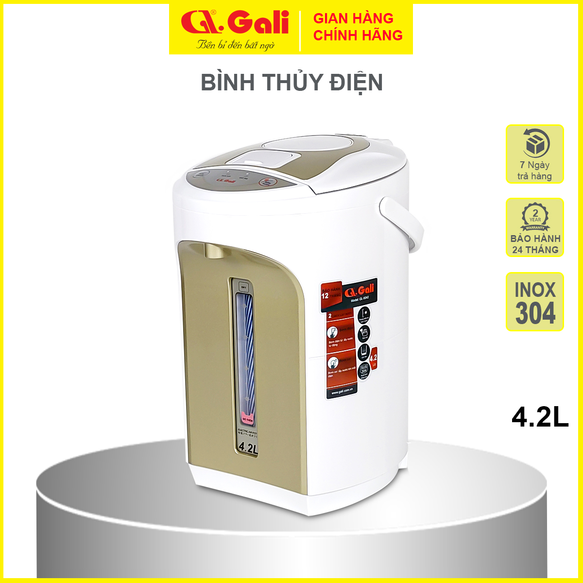 Bình thủy điện Gali, bình đun dung tích 4.2 lít, phích cấu tạo 2 lớp thân ngoài nhựa, ruột inox 304, hàng chính hãng 100%, bảo hành 24 tháng Gali
