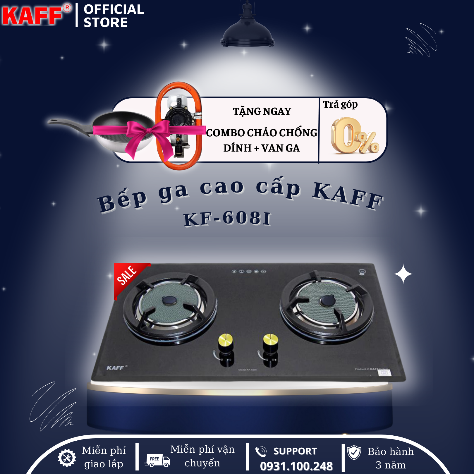 Bộ Bếp ga âm KAFF KF- 608I bao gồm: Bếp ga + chảo chống dính cao cấp + bộ van ga - Hàng chính hãng