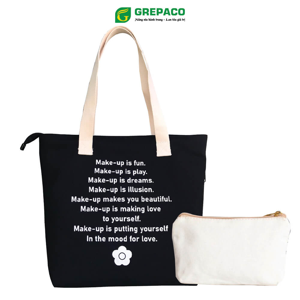 Túi Tote Nữ Grepaco Xách Vải Bố Canvas Cao Cấp In Chữ Đẹp Đeo Chéo Vai Có Khóa Kéo Nhiều Ngăn Dùng Đi Học, Làm Công Sở, Du Lịch Phong Cách Thời Trang Hàn Quốc - Tặng Túi Đựng Mỹ Phẩm