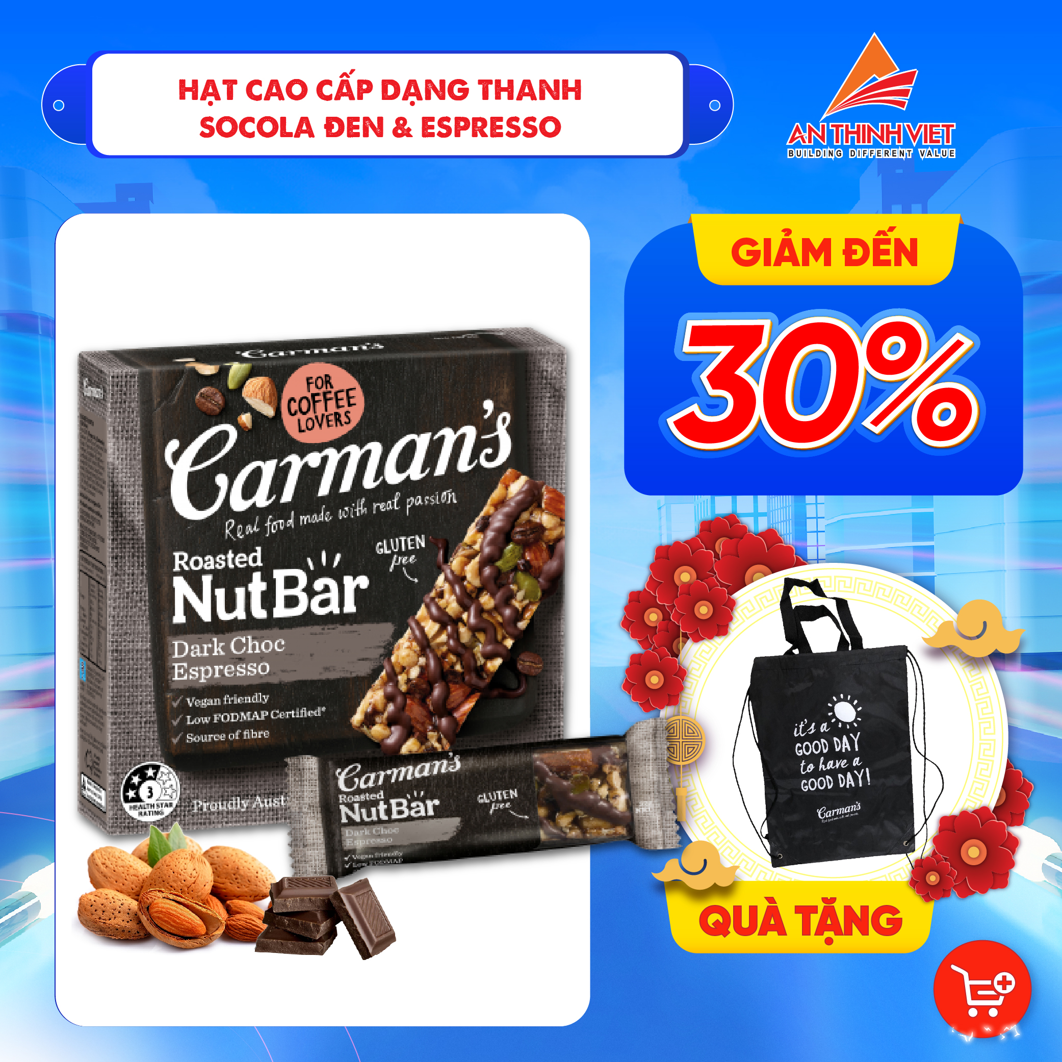 Thanh Hạt Socola Đen và Espresso Carman's Nut Bar Dark Choc Espresso Hộp 160g