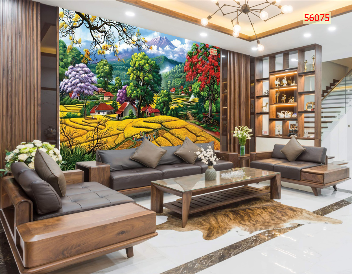 Tranh dán tường 3d dán trang trí phòng khách Đồng Quê Việt Nam-Decal PP Cán Bóng- Huyền Chi-Đặt theo kích thước yêu cầu