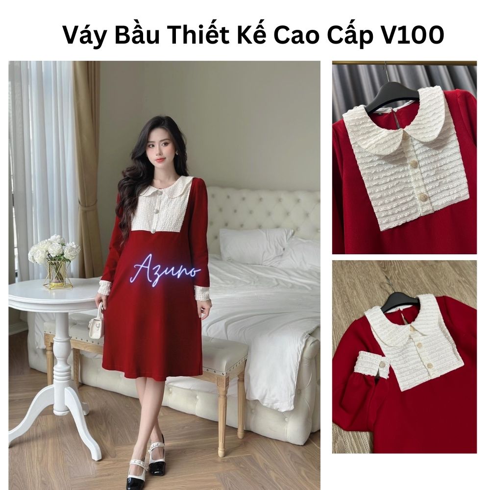 Váy Đầm Bàu Công Sở Dự Tiệc Thiết Kế Azuno A100 Màu Đỏ Chất Tuyết Mưa Mặc Mùa Thu Đông