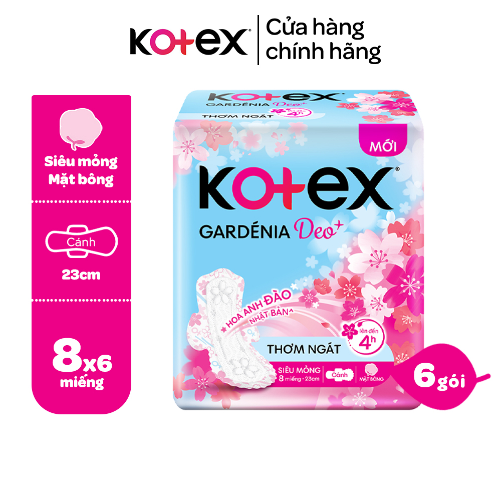 Combo 6 gói băng vệ sinh Gardenia Deo+ - Hoa Anh Đào Mặt Bông siêu mỏng 23cm 8 miếng