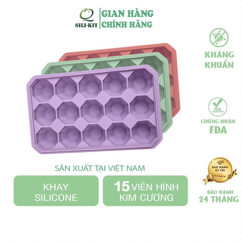 Khay làm đá silicone có nắp QSILIKIT 15 ngăn hình kim cương, hộp trữ đông thực phẩm an toàn
