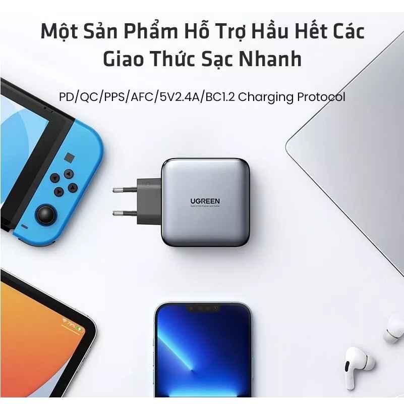 Ugreen UG50327CD254TK 100W 2c chuẩn cắm EU chân tròn Màu Xám Củ sạc nhanh 2 cổng USB type C - HÀNG CHÍNH HÃNG