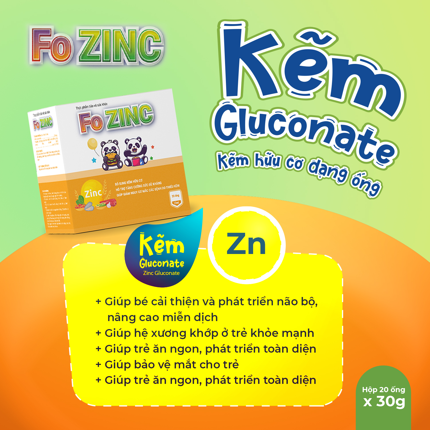 Fo Zin C Fobelife - Bổ sung kẽm hữu cơ - Hỗ trợ tăng sức đề kháng - Hộp 20 ống