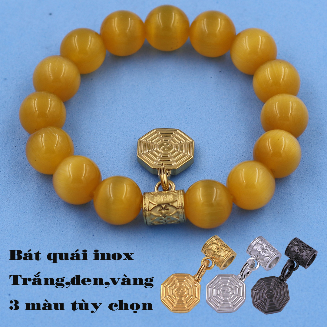 Chuỗi tay đá Mắt Mèo Vàng 12 ly - Charm Bát Quái inox VMEVBQV12 - Hợp mệnh Kim, Thổ