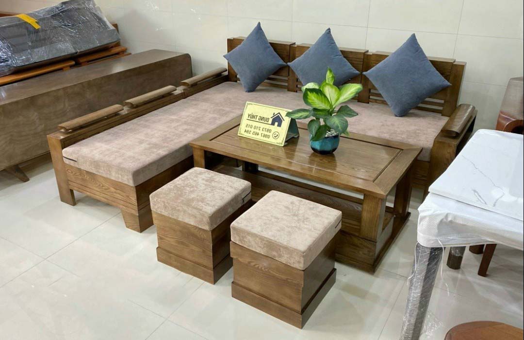 Bộ sofa góc gỗ sồi màu óc chó 2m x 1m80