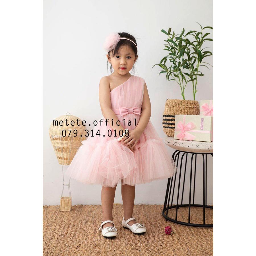 Váy đầm công chúa thiết kế cho bé gái lệch vai thắt nơ eo bồng bềnh voan mềm mại - Mẹ Tê Tê