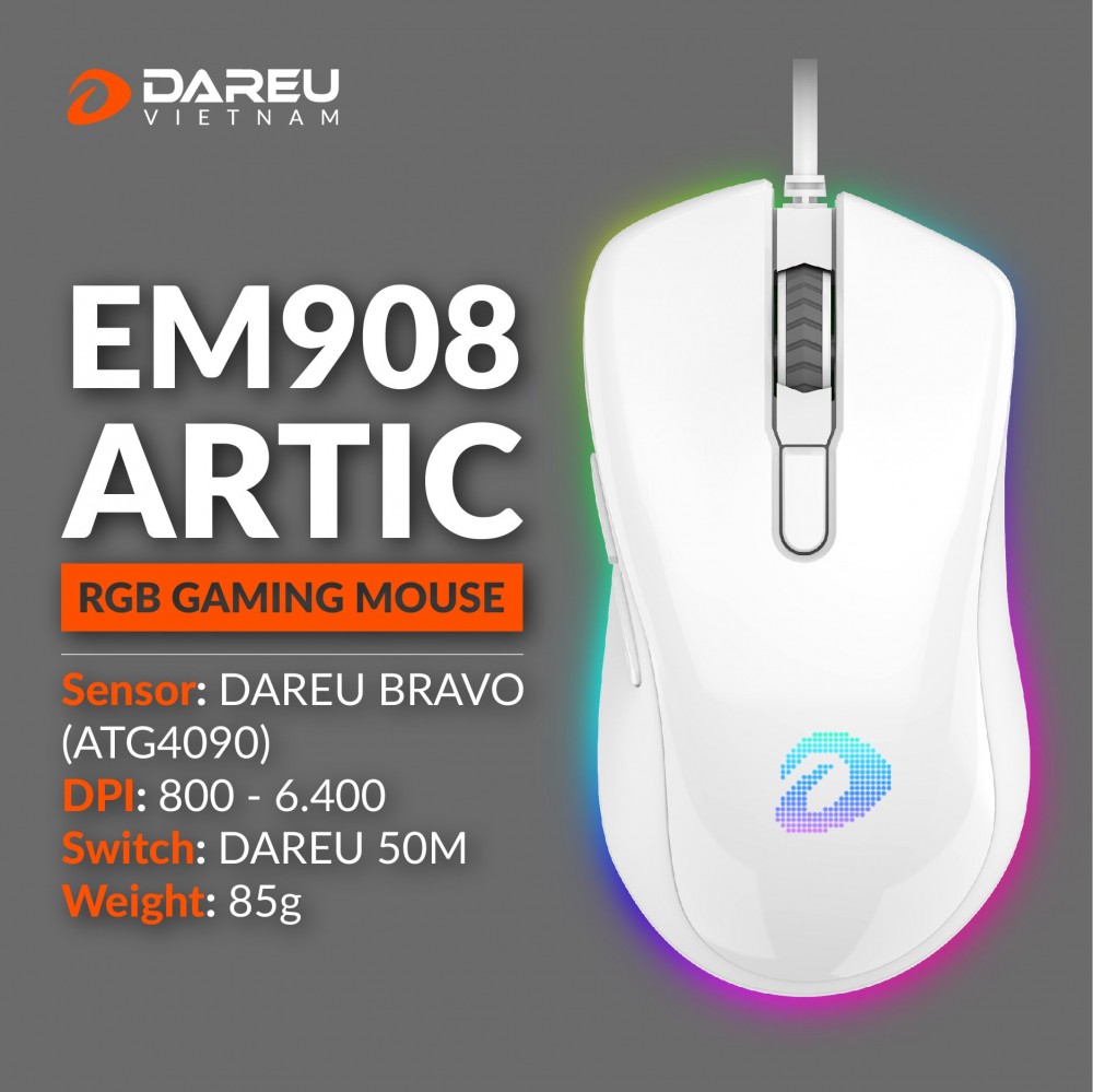Chuột Gaming DAREU EM908 ARTIC (LED RGB, BRAVO sensor) - Hàng chính hãng