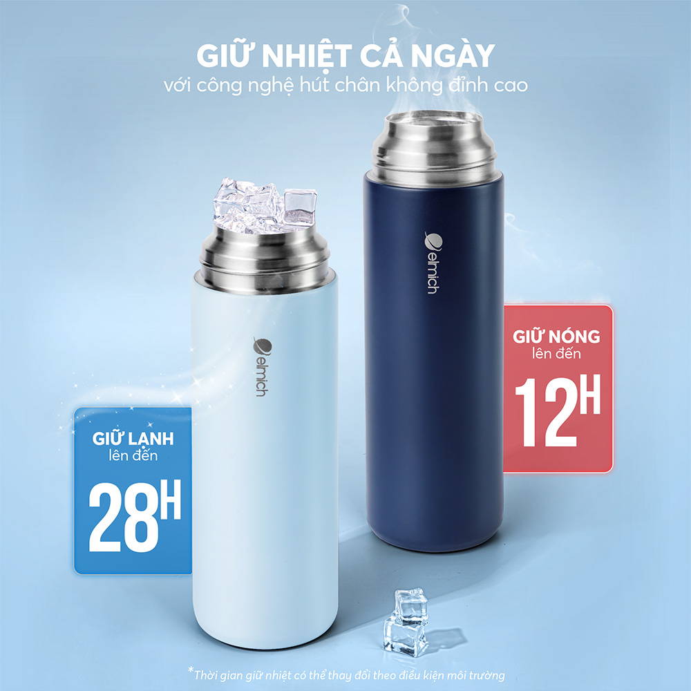 Bình giữ nhiệt inox 316 Elmich EL8315 480ml, Hàng chính hãng, nắp dùng làm cốc, có lưới lọc -JoyMall