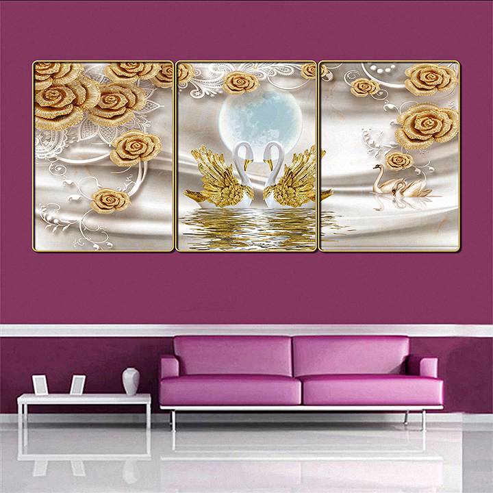 Bộ tranh treo tường 3 tấm trang trí phòng khách, phòng ngủ phong cách mỹ thuật hiện đại chất liệu cán pvc gương:4440L15S