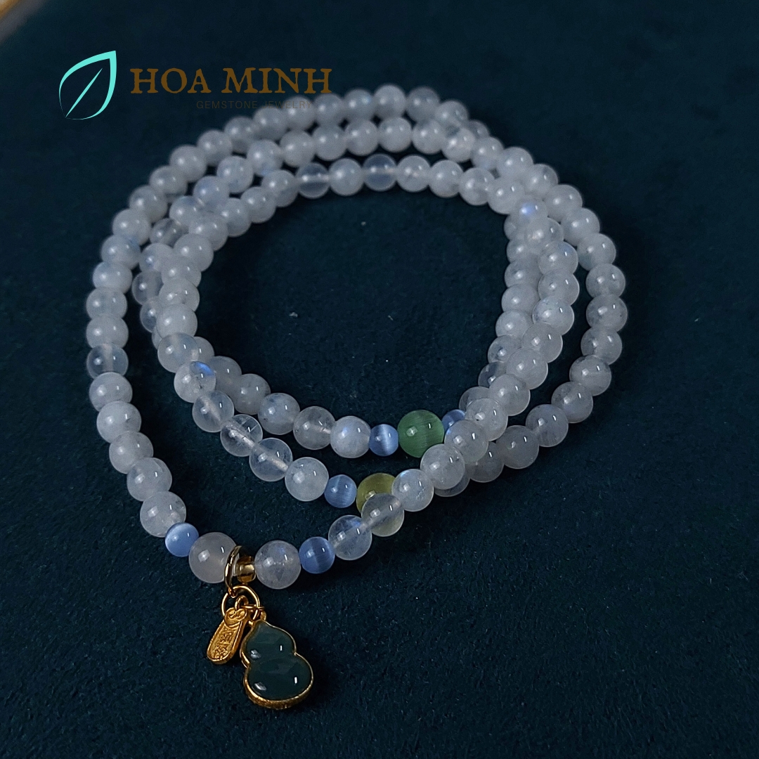 Vòng tay chuỗi 108 hạt đá Moonstone Mặt Trăng size hạt 5.3 li kiểu quấn 3 vòng phối viên đá mắt mèo charm hồ lô cẩm thạch tài lộc
