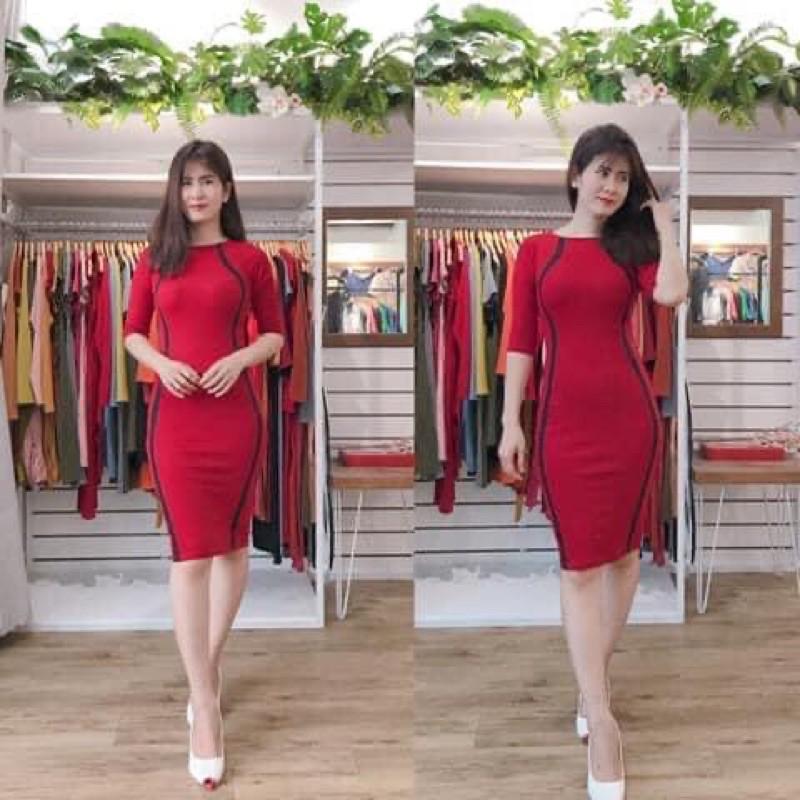 F455 Đầm ôm. body cổ tròn tay lỡ phối sọc trắng 2 bên thân trước