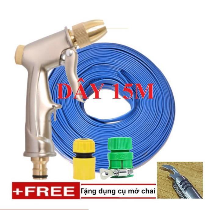 ️ Bộ dây vòi xịt nước rửa xe, tưới cây . tăng áp 3 lần, loại 15m 206701-1 đầu đồng,cút+tặng mở chai