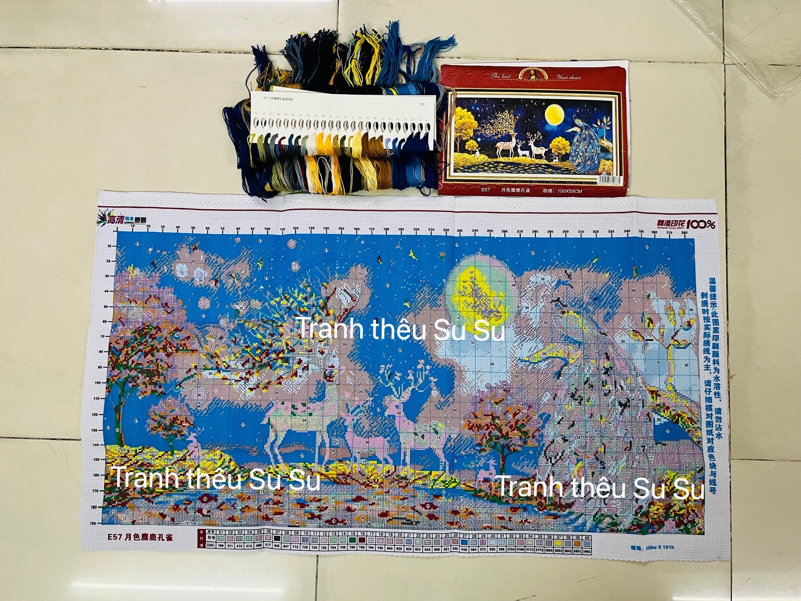 Tranh thêu kín Nai tài lộc E57, kích thước 100*55 cm