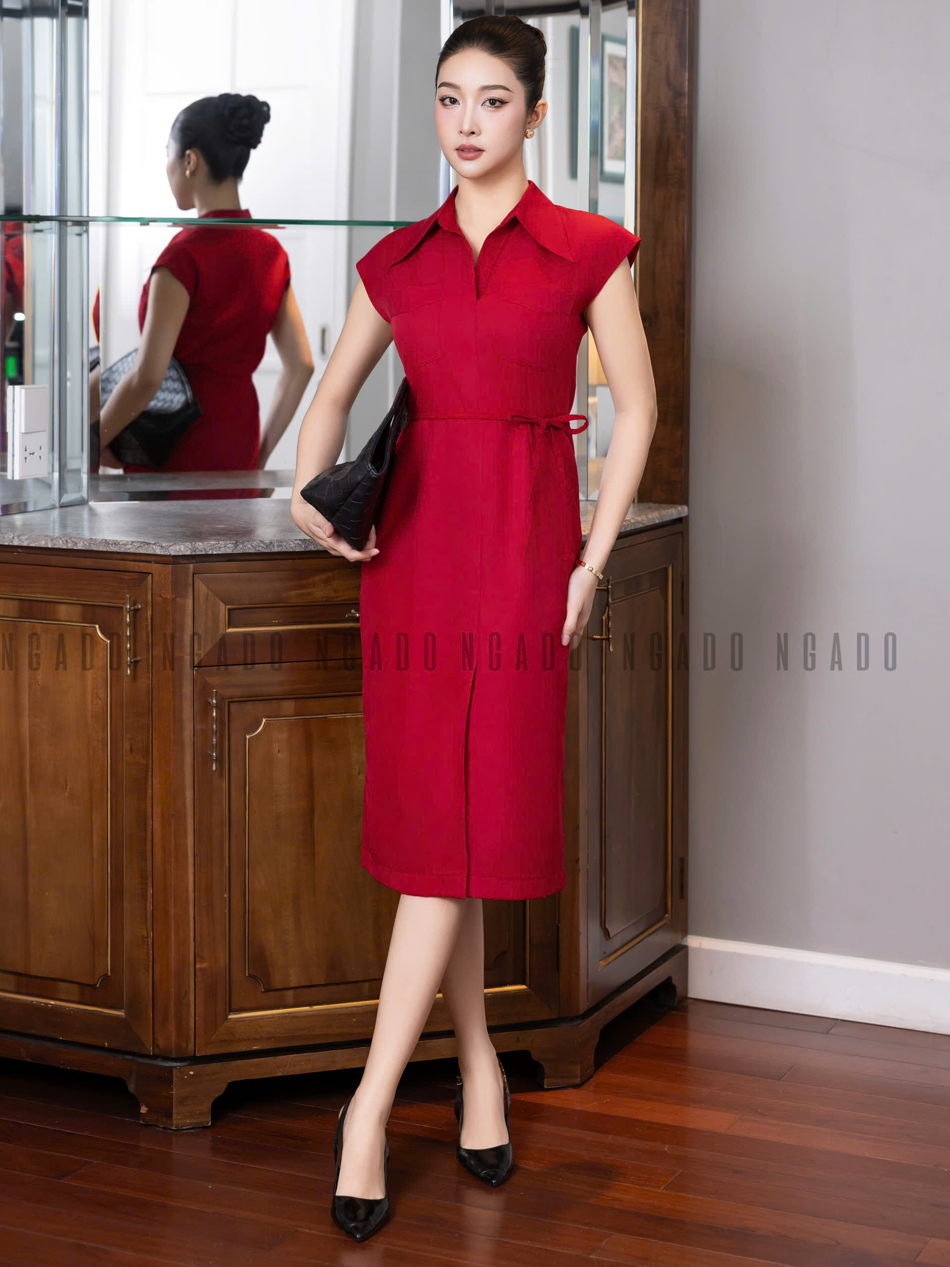 Đầm đỏ phối dây nơ NGADO , đầm kiểu Nữ , đầm công sở , dự tiệc