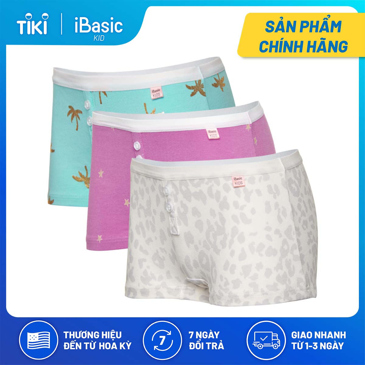 Combo 3 quần lót bé gái cotton boyshort hoạ tiết iBasic PANG014