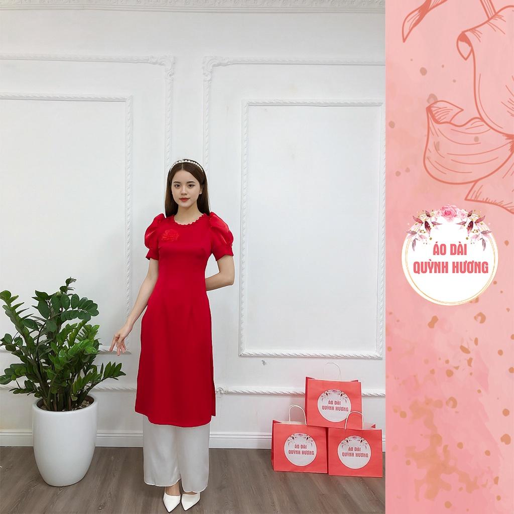 Áo dài cách tân tay bồng cổ tròn chất lụa tây thi mềm mại