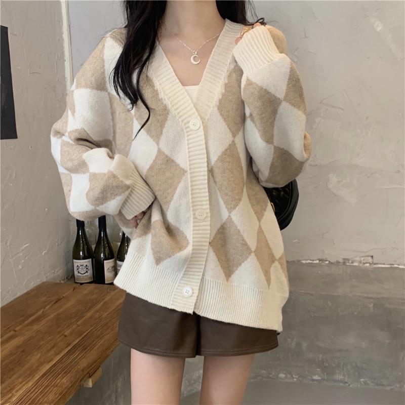 Áo khoác cardigan len nữ dệt kim kẻ ô caro họa tiết kim cương cổ V phối màu đen trắng dáng rộng bigsize H-16-1