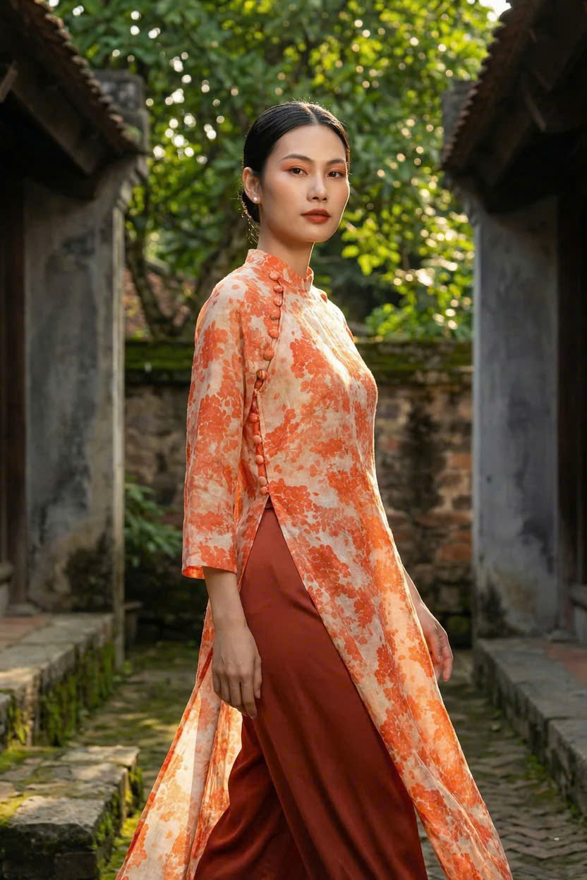 Áo Dài Suông Tay Raglan Vải Gai Xanh Ramie Hoa ADA001 thời trang thiết kế Hity