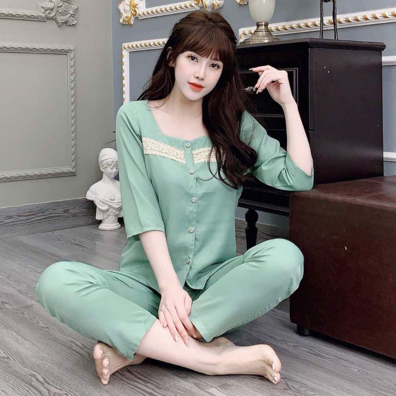 Quần áo mặc nhà cổ sen cao cấp phối lụa đẹp