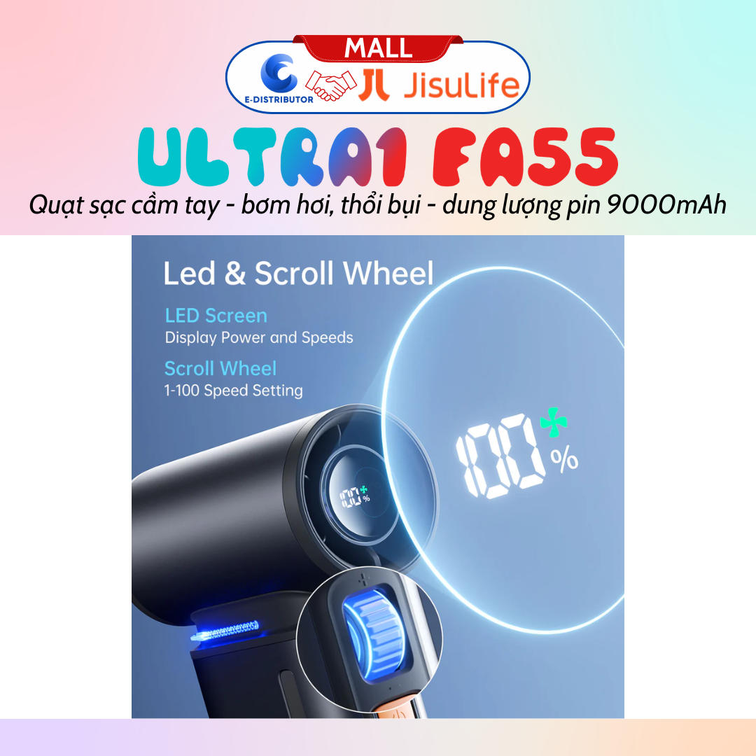 Quạt du lịch cầm tay đa năng Jisulife ULTRA1 FA55 quạt 18W, pin 6 giờ, bơm hơi, thổi bụi - Hàng chính hãng