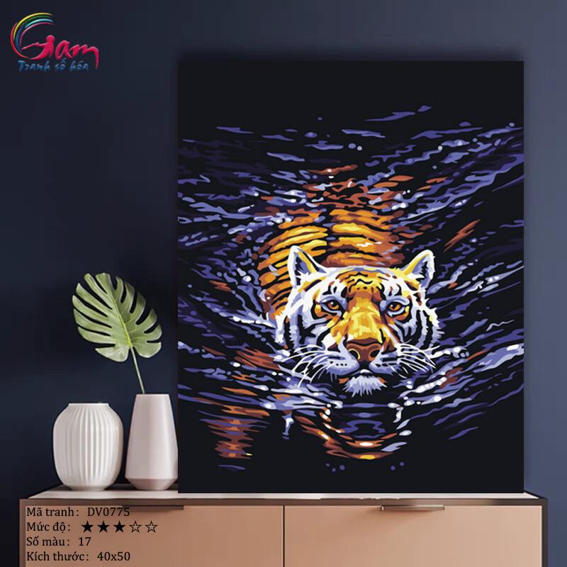 Tranh sơn dầu số hóa tô màu tự vẽ Tranh tự tô động vật con hổ dưới nước THỦY HỔ mã DV0775